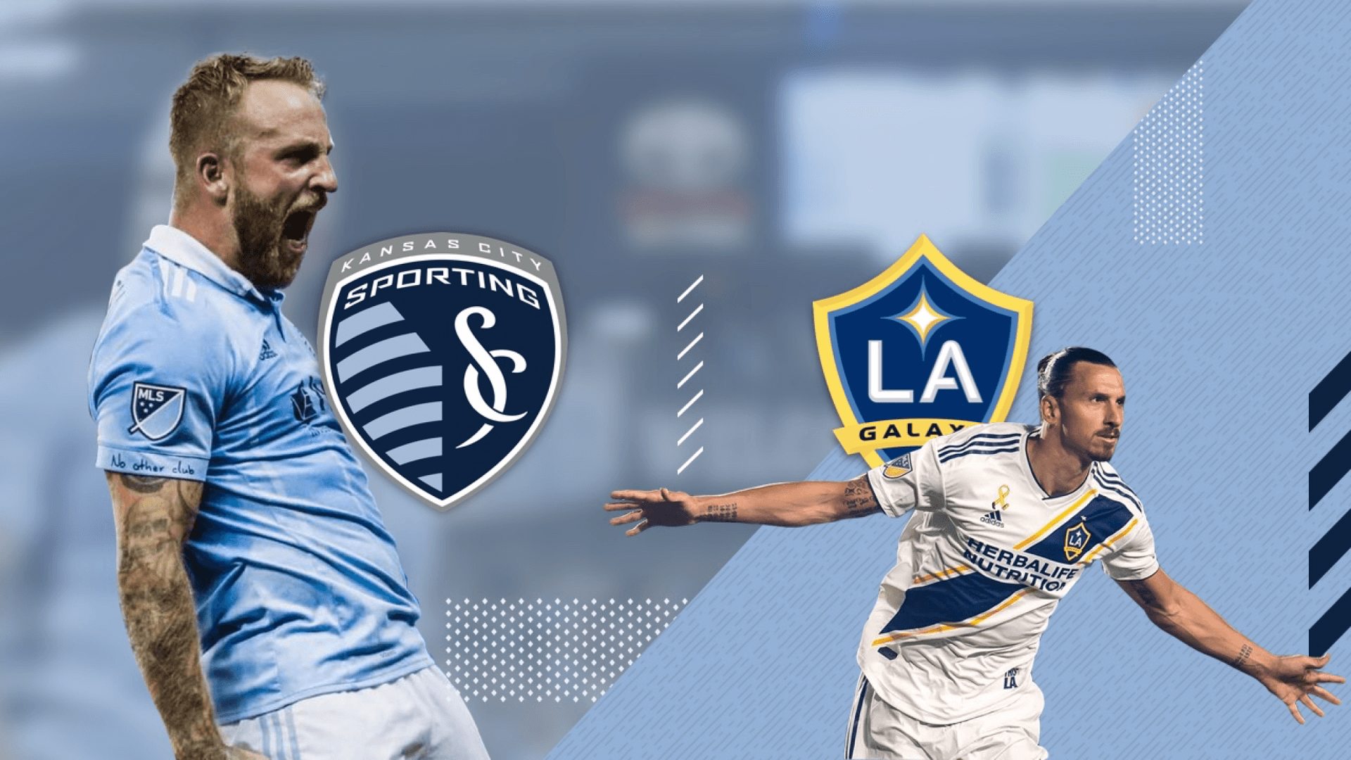 Sporting Kansas City versus LA Galaxy match promotional graphic featuring dynamic player action, team branding, and game information