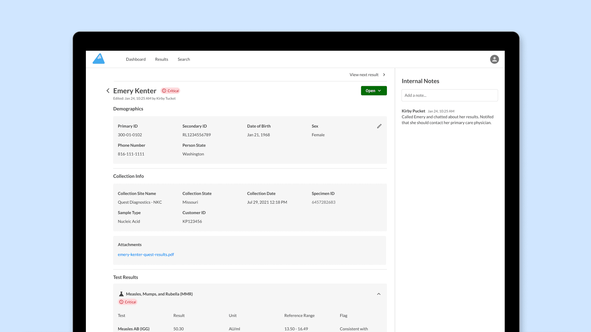 Medical case management system dashboard showing patient charts, consultation queue, lab results panel, and physician workflow tools