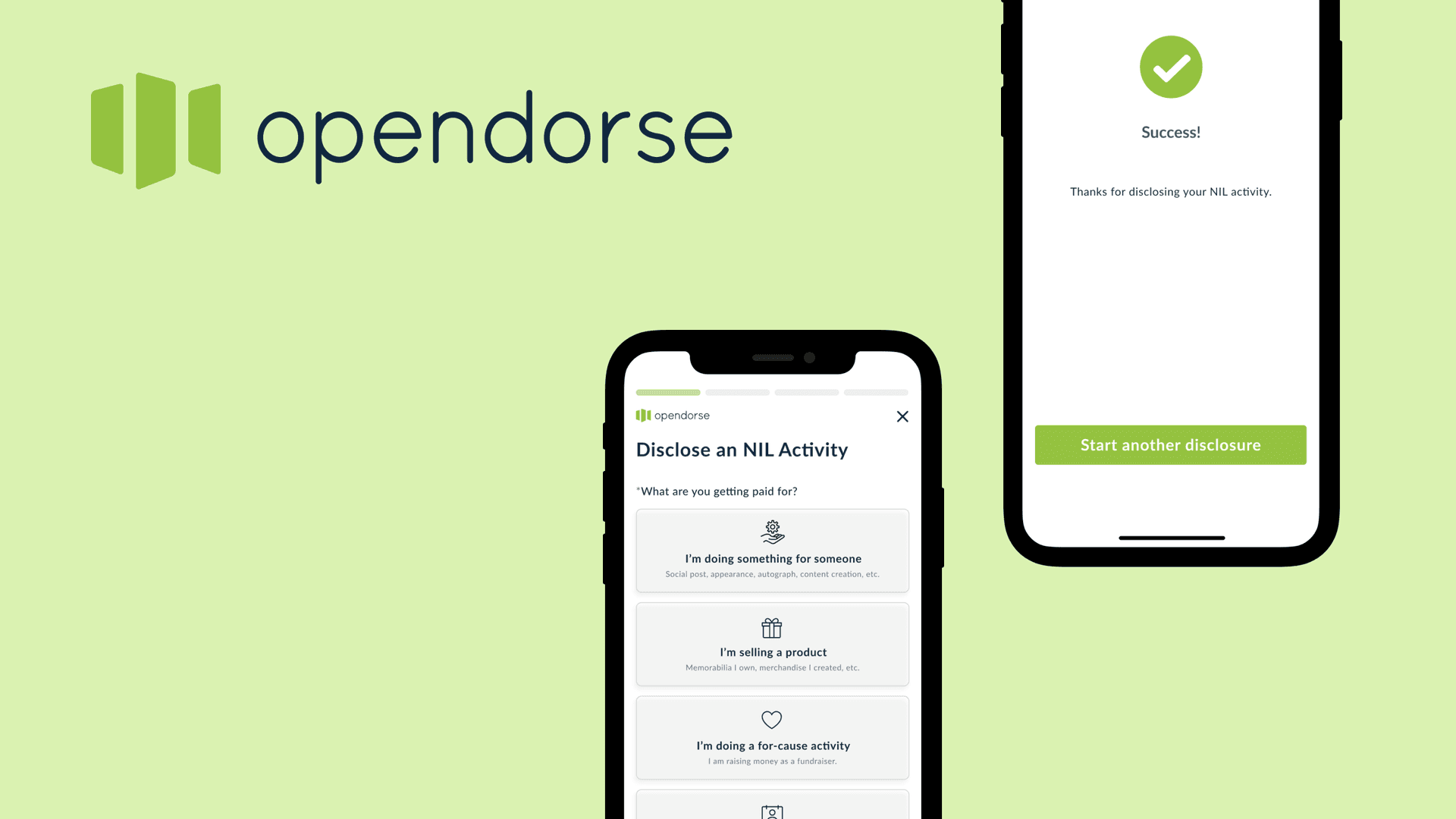 Opendorse NIL disclosure platform interface showing mobile app screens with athlete profile and disclosure forms on smartphones