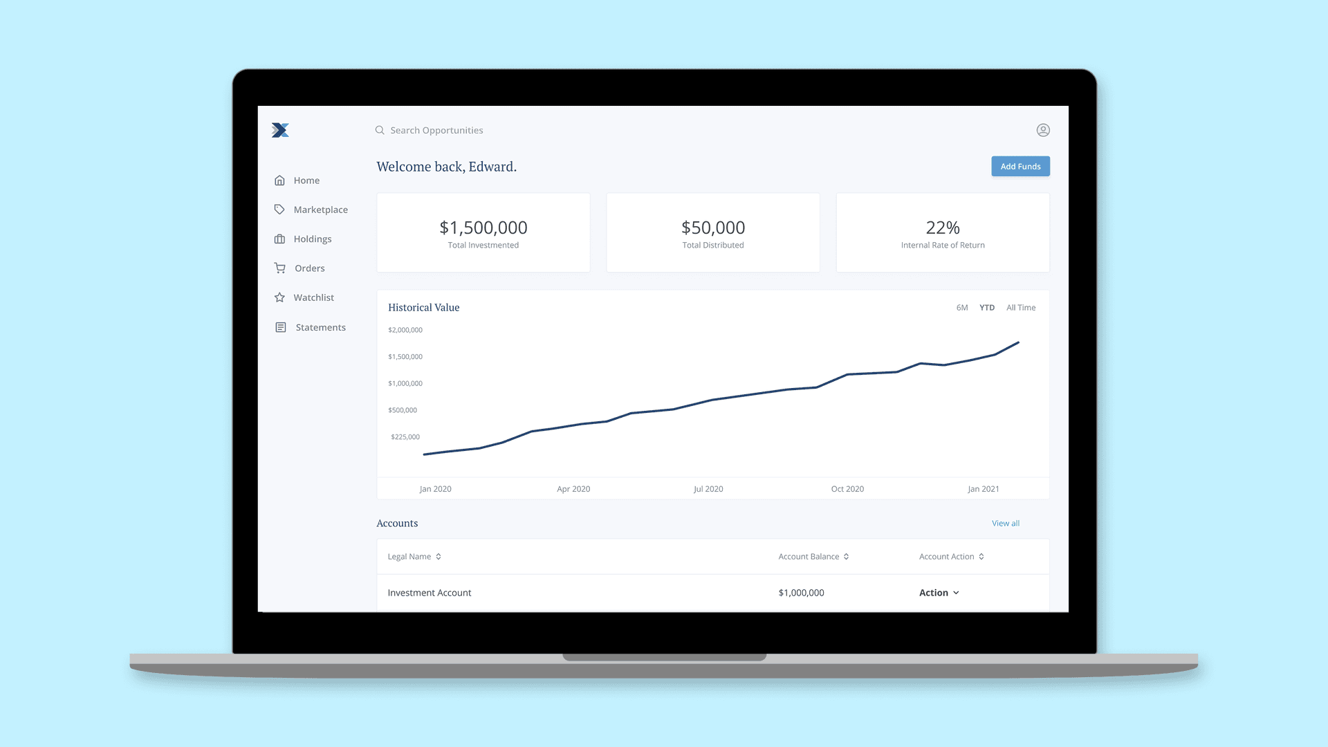 Real estate investment marketplace platform displayed on MacBook showing property listings, fund details, and investment portfolios