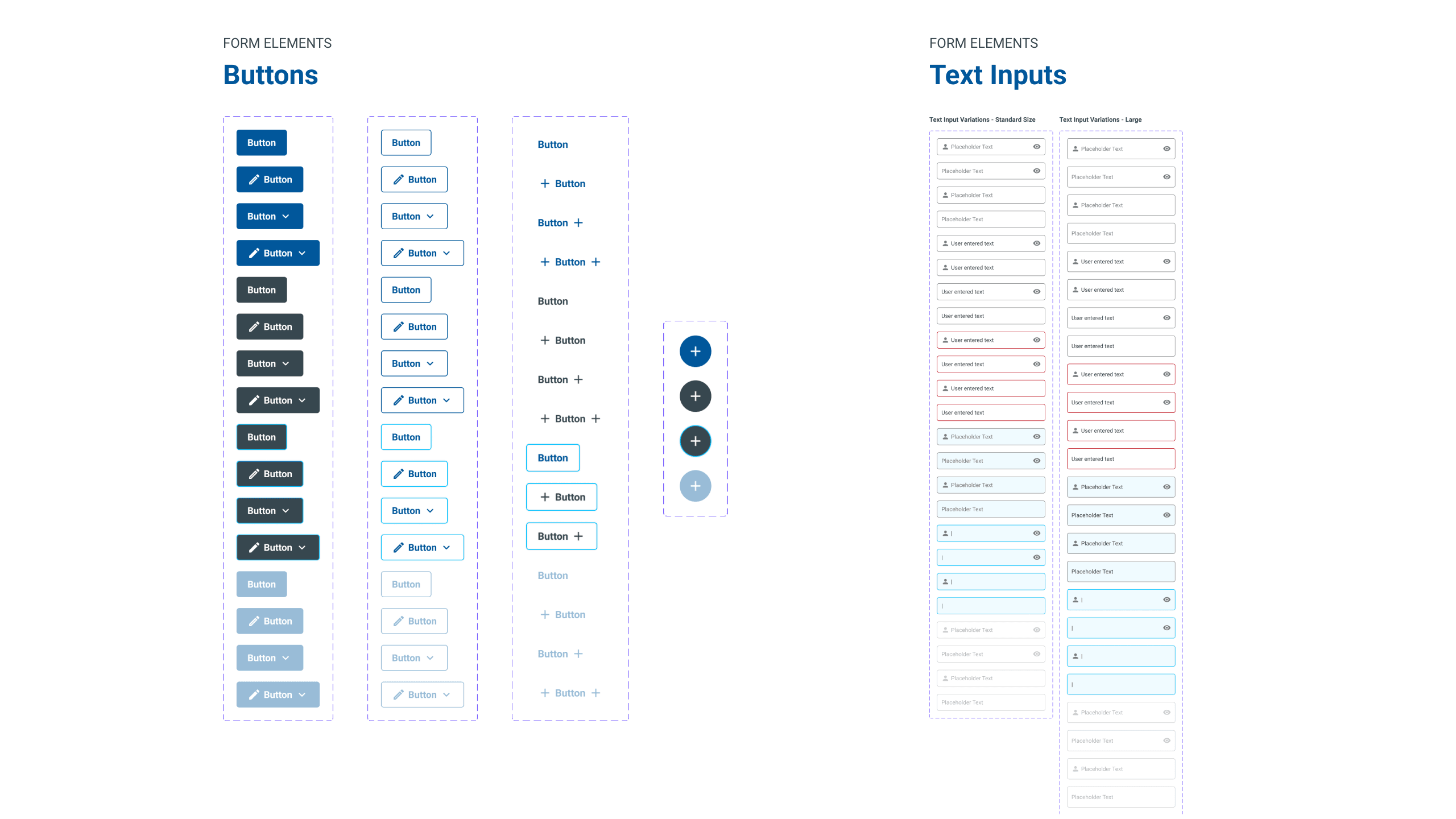 Button and input component variations showing different states: default, hover, focus, disabled, and error states with accessibility annotations