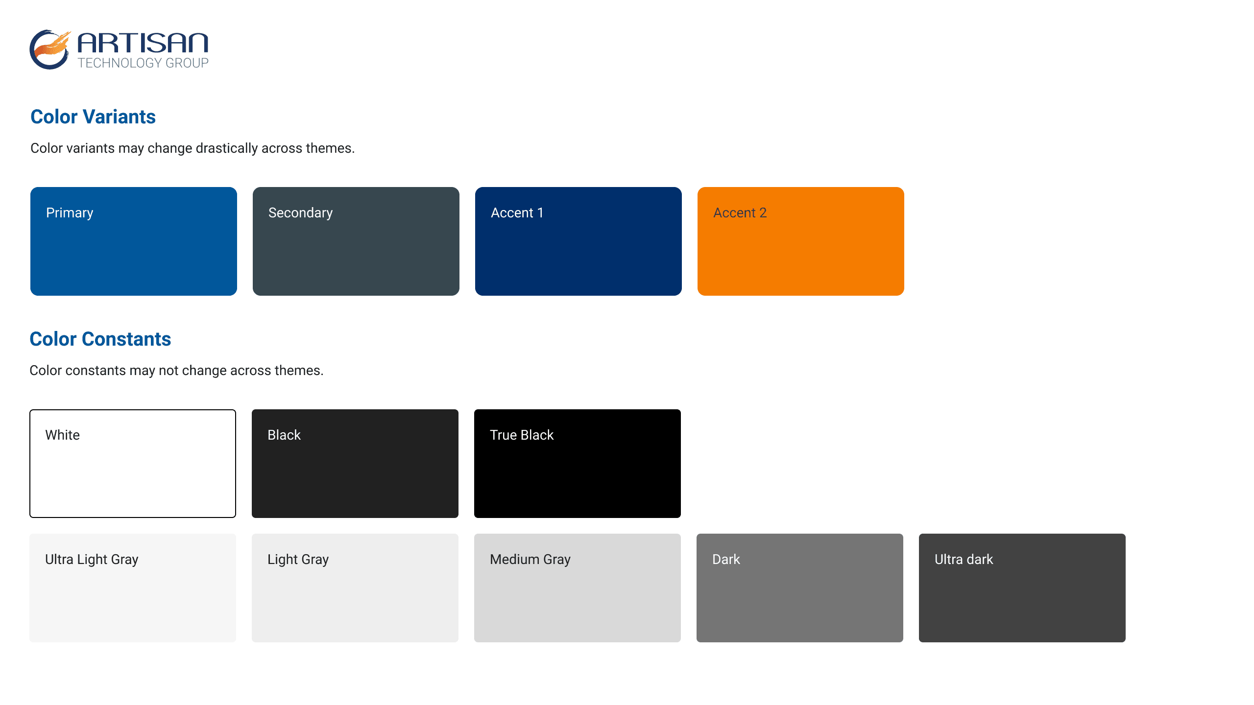 Color system displaying primary, secondary, and accent color palettes with hex codes and usage examples for light and dark themes