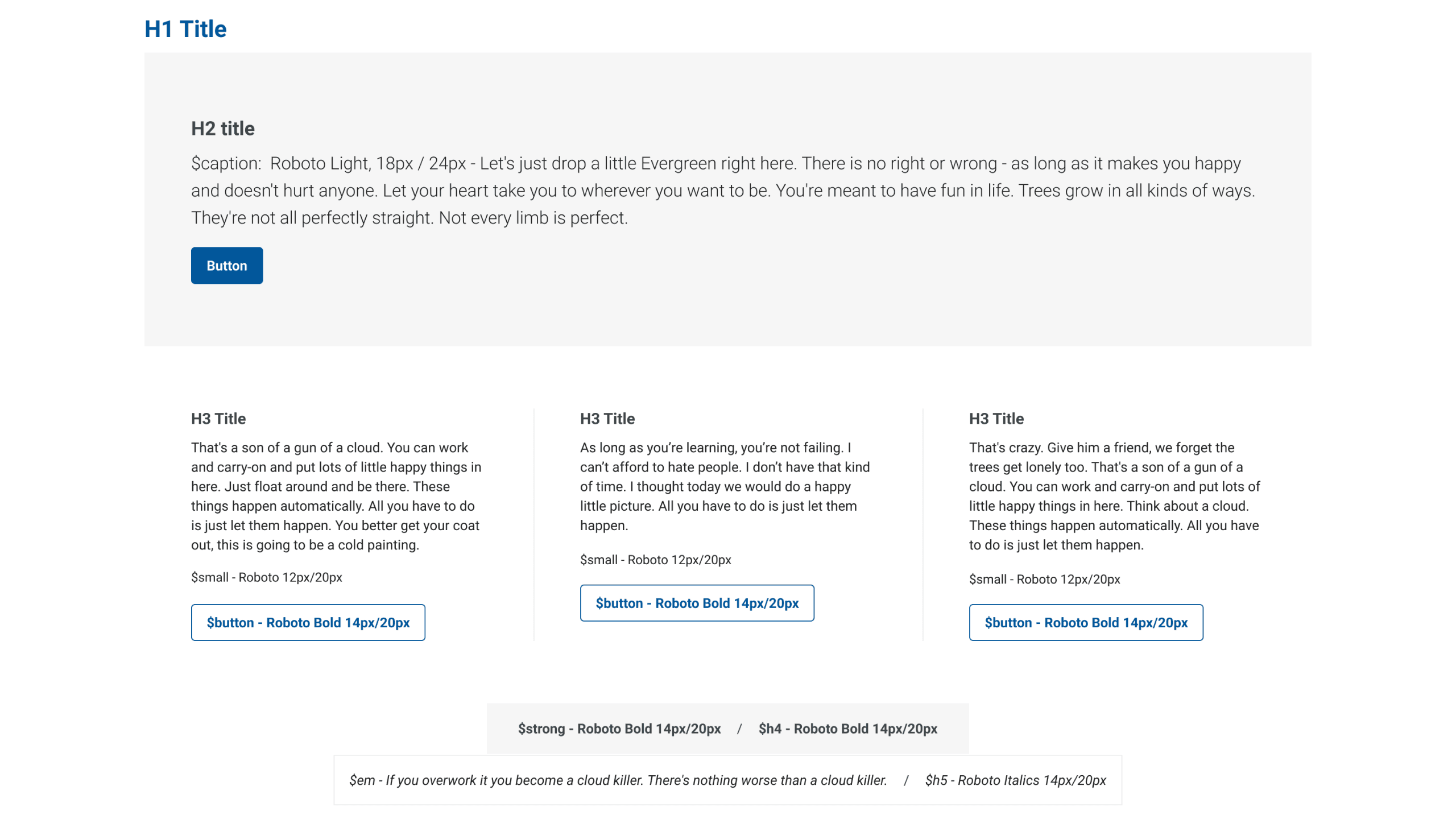 Typography system showing heading hierarchy, body text styles, font weights, line heights, and letter spacing specifications