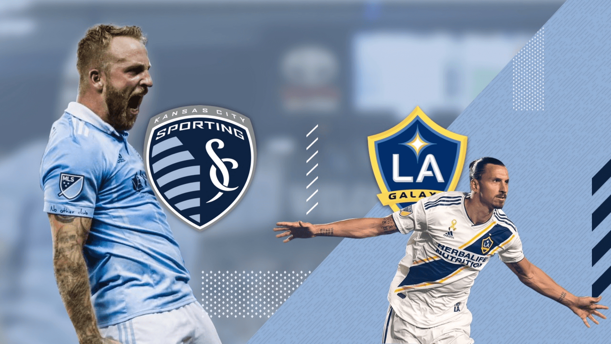 Sporting Kansas City versus LA Galaxy match promotional graphic featuring dynamic player action, team branding, and game information