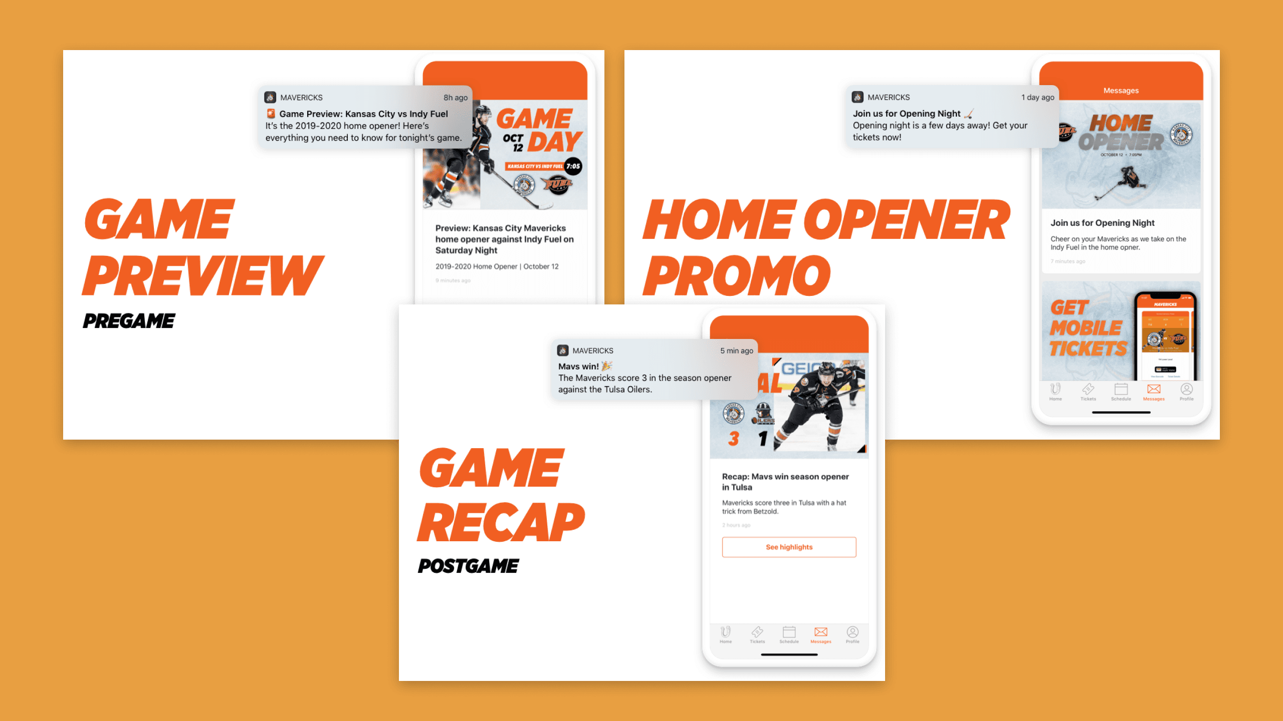 Set of digital communication cards for Kansas City Mavericks featuring game highlights, player spotlights, and social media graphics