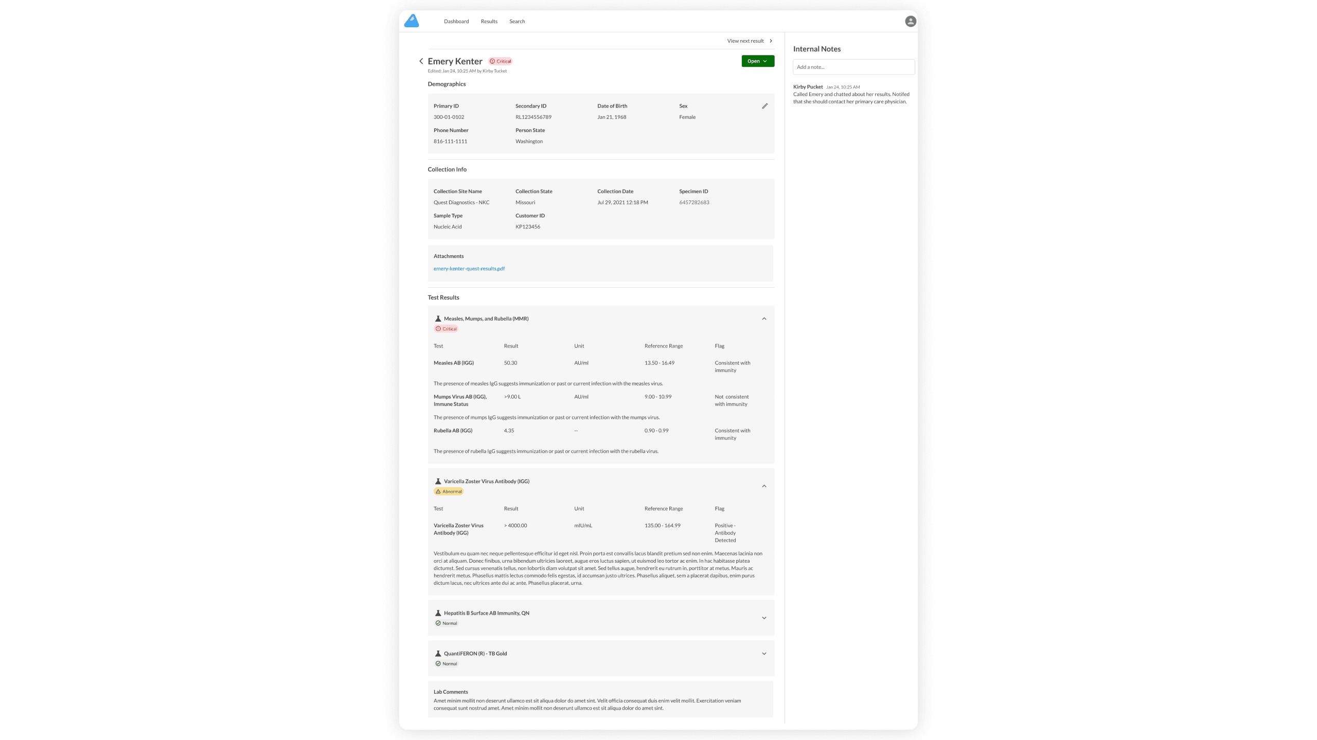 Patient case detail screen showing comprehensive medical information, consultation notes, lab results, and disposition workflow buttons