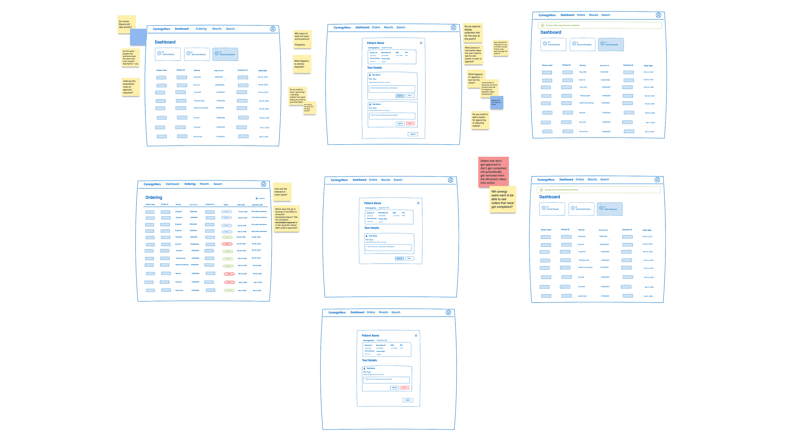 Wireframe sketch of patient detail view showing medical history, current symptoms, lab integration panel, and disposition options