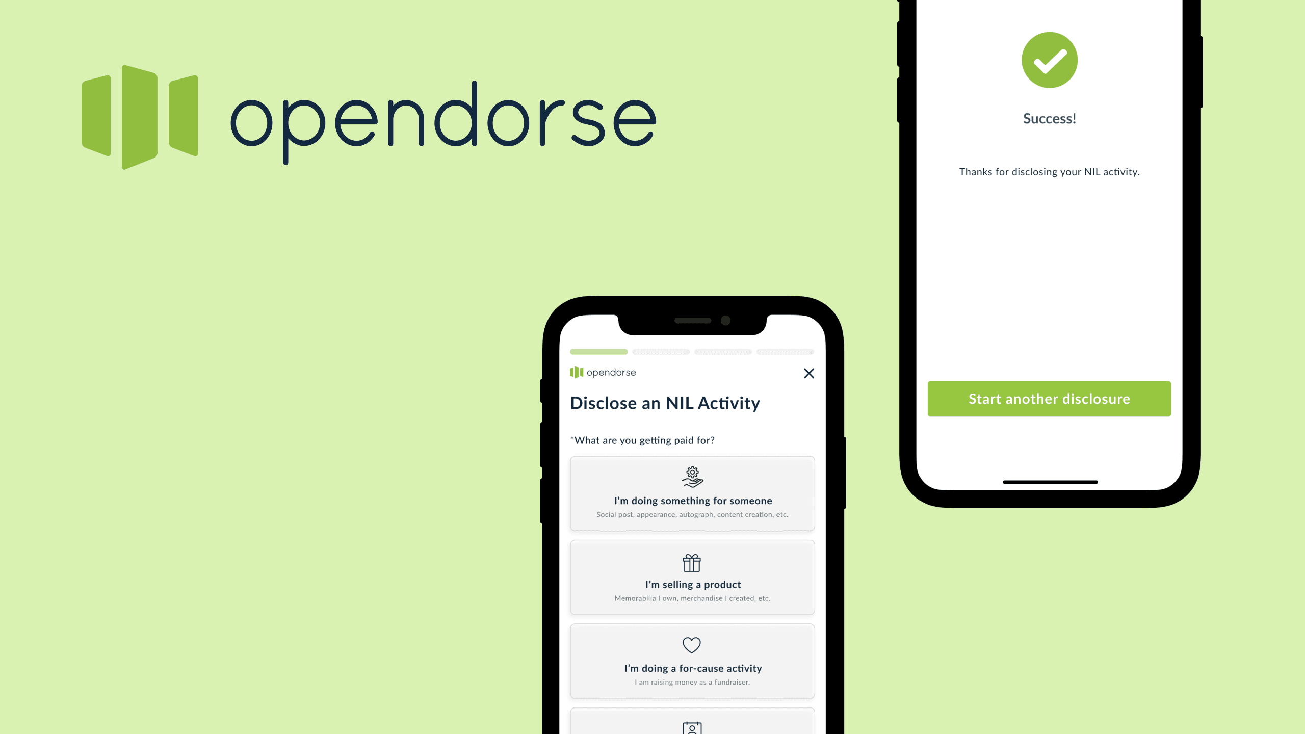 Opendorse NIL disclosure platform interface showing mobile app screens with athlete profile and disclosure forms on smartphones