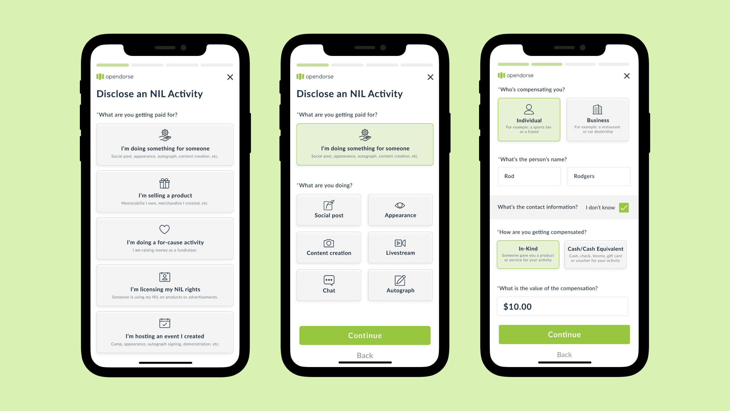 High-fidelity prototype of the NIL disclosure mobile app interface with form fields for sponsorship details and athlete information