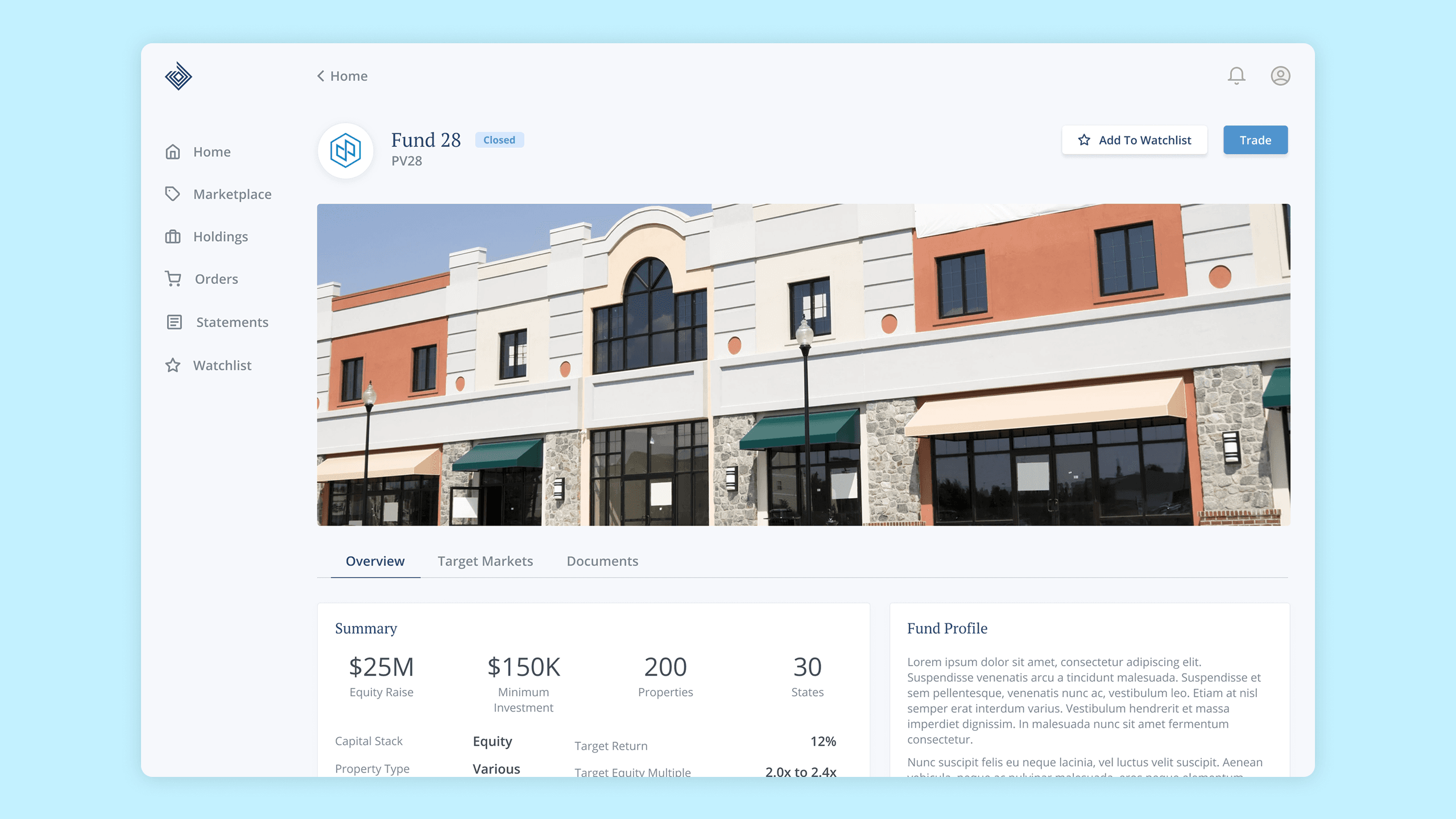 Detailed fund view displaying property images, investment metrics, location data, projected returns, and investment action buttons