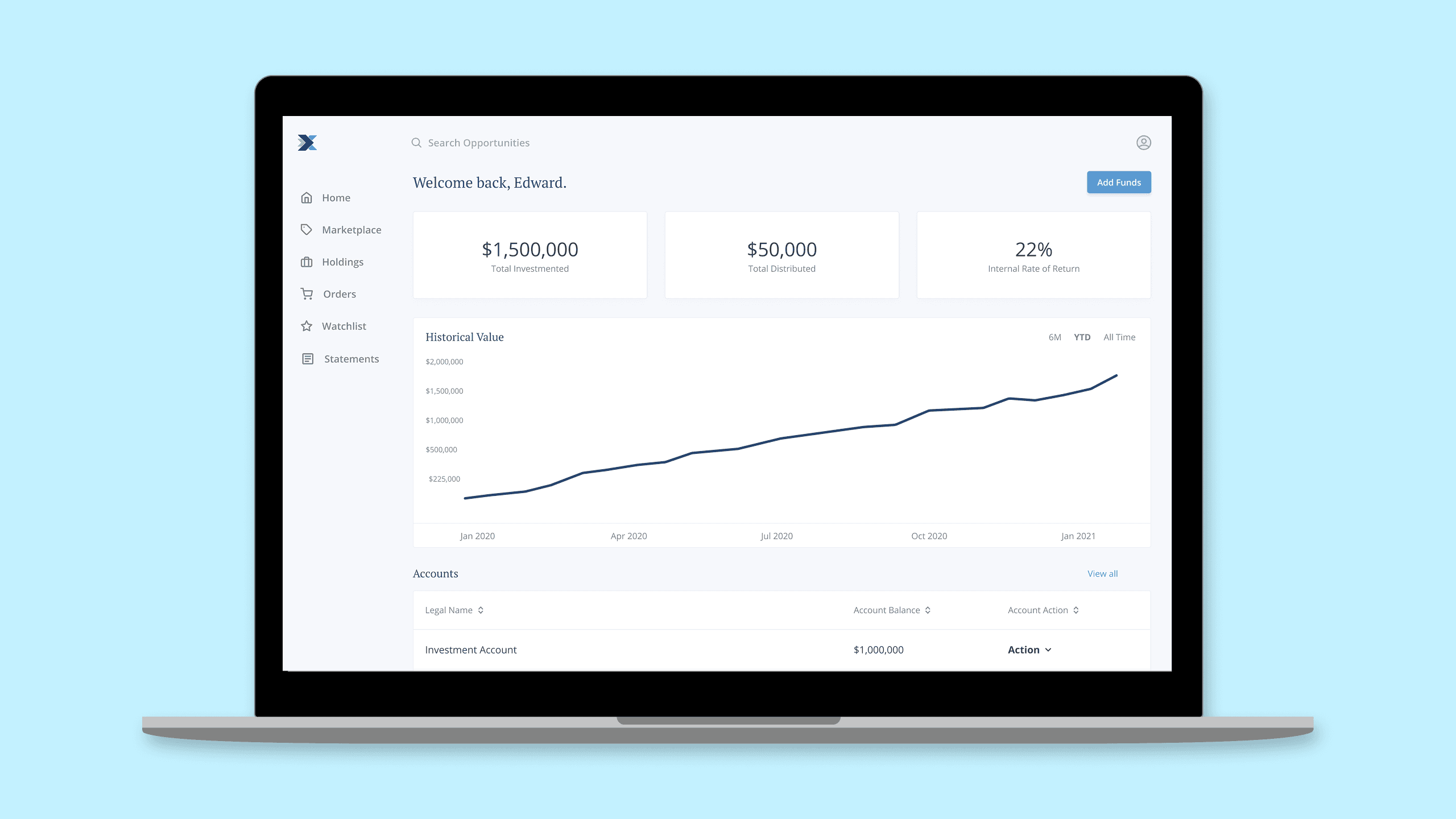 Real estate investment marketplace platform displayed on MacBook showing property listings, fund details, and investment portfolios
