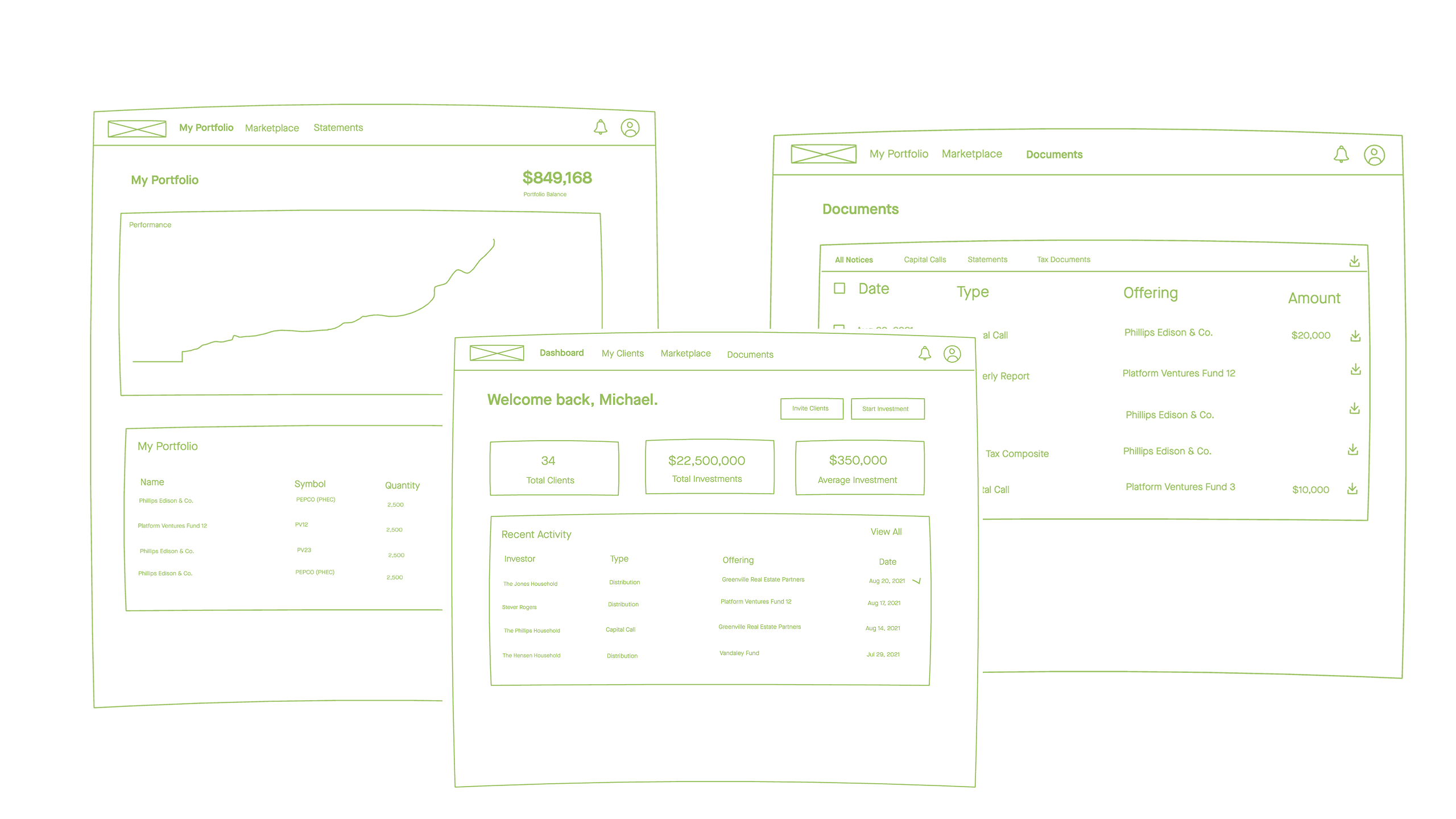 Low-fidelity wireframes showing the marketplace layout, property card designs, and investment flow user journeys
