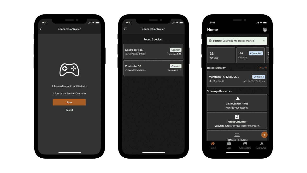 StoneAge app controller connection interface with Bluetooth device list, connection status indicators, and pairing instructions