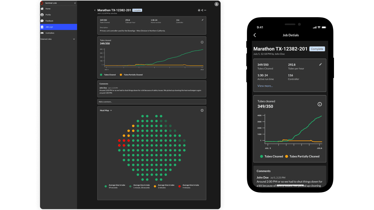 Job details screen showing comprehensive data including pressure graphs, time elapsed, water flow metrics, and export options