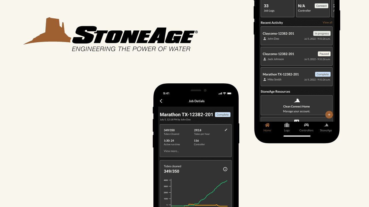 StoneAge Sentinel Link mobile app interface displaying controller connection screens, job logs, and water blasting equipment controls