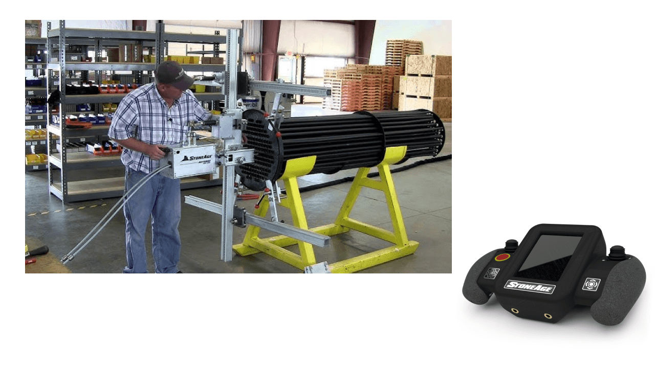 Field research photos showing industrial workers using water blasting equipment and mobile devices in manufacturing environments