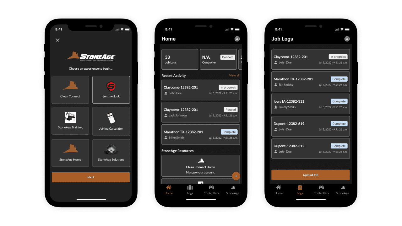 Collection of StoneAge app screens showing the experience selector, dashboard, job logs, and settings on mobile devices