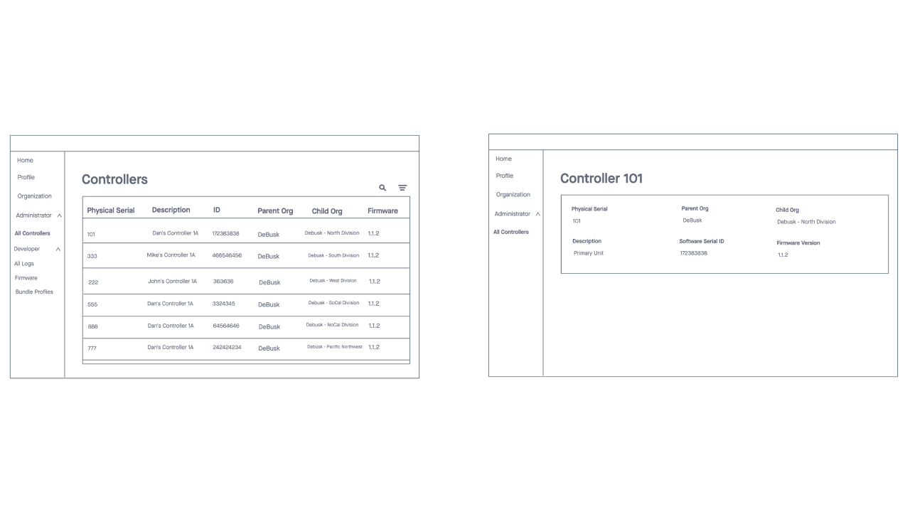 Wireframe sketch of job log detail view displaying pressure data, duration metrics, and report generation options